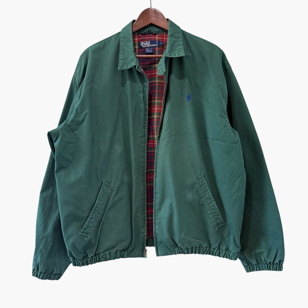 Vintage Polo Ralph Lauren Mens Harrington Jacket Green Plaid Lined Cotton Large